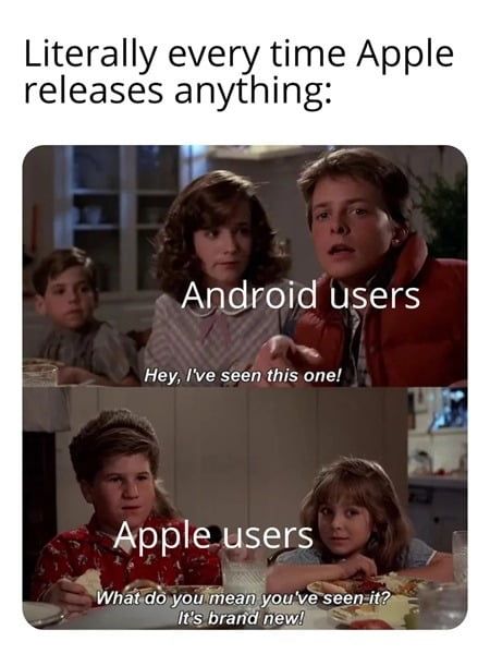  Mème soulignant l'hypothèse selon laquelle les fonctionnalités Apple pourraient être copiées à partir d'Android.